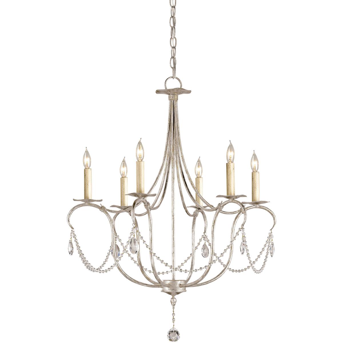 Currey & Company 9890 Crystal Lights 6 Light 27 inch Silver Leaf Chandelier Ceiling Light, Small